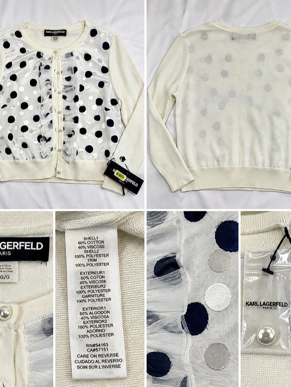Karl Lagerfeld Polka Dot Cardigan in White & Blue Size Large NWT